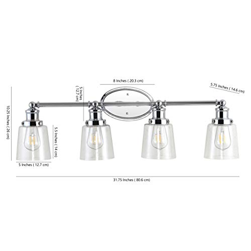Image of JONATHAN Y 31.75 inch Chrome 4-Light LED Vanity Light, Farmhouse Wall Sconce for Bathroom Mirror, Clear Seeded Glass Shade, Rustic Iron Fixture for Kitchen Hallway, LED Bulb Included (JYL7533A)