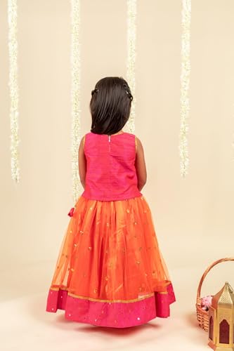 Stanwells Kids Orange and Magenta combo south indian Baby girls mirror work net Lehenga Choli set (3months to 8Years)