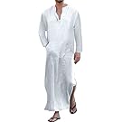 Jacansi Men's V-neck Short Sleeve Home Robe Side Split Kaftan Cotton Long Gown Thobe