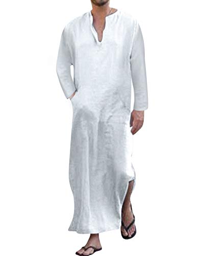 Jacansi Men's V-neck Short Sleeve Robe Side Split Kaftan Cotton Long Gown Thobe S-3XL
