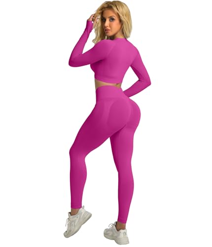YOAKUKA 2 Piece Workout Legging Sets for Women Yoga Gym Outfit Seamless Long Sleeve Athletic Active Wear Tummy Control