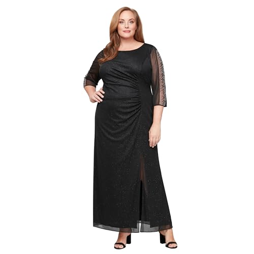 Image of S.L. Fashions Womens Long Length Ruched Waist Formal Mother of The Dress with Beaded Illusion 3 /4 Sleeves (Plus Size)