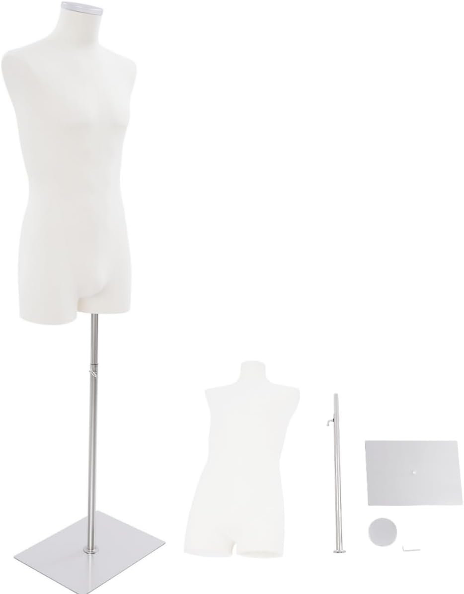 Male Mannequin Torso with Stand 27.56-51.18 in Height Adjustable Male Dress Form Display with Rectangle Metal Base (Silver, 27.56-51.18 in)