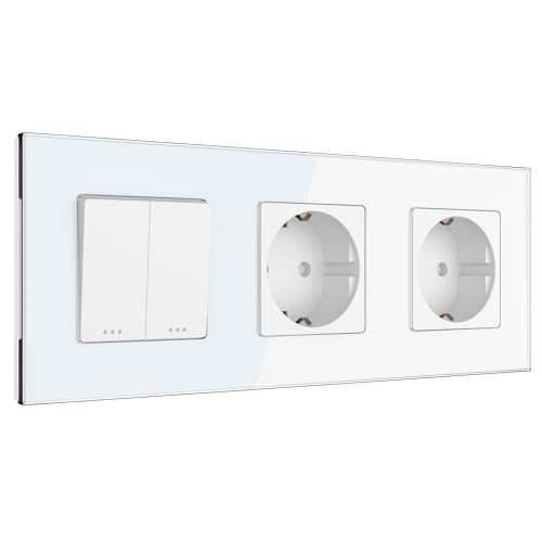 PULSAR Steckdose mit Wechselschalter Doppelt 3-Fach Glas Weiß - Serienschalter Lichtschalter Doppelt Unterputz mit Schutzkontakt-Steckdose 16A 250V