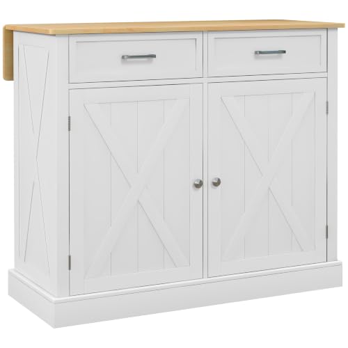 HOMCOM Rolling Kitchen Island with Drop Leaf Wood Breakfast Bar, White