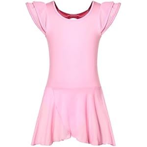 DANSHOW Girls’ Ballet Dance Leotards with Flutter Sleeve Petal Skirt and Bowknot Back Pink 4-6 Years