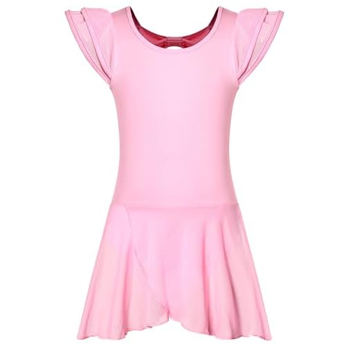 DANSHOW Girls’ Ballet Dance Leotards with Flutter Sleeve Petal Skirt and Bowknot Back Pink 4-6 Years