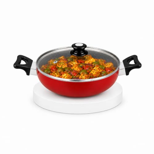Image of BALTRA 4.5L Nonstick Kadhai with Glass Lid | Induction Bottom, Marble Finish, Durable & Even Heating Cookware for Healthy Cooking Kadai 3mm Thick (28cm, Red)