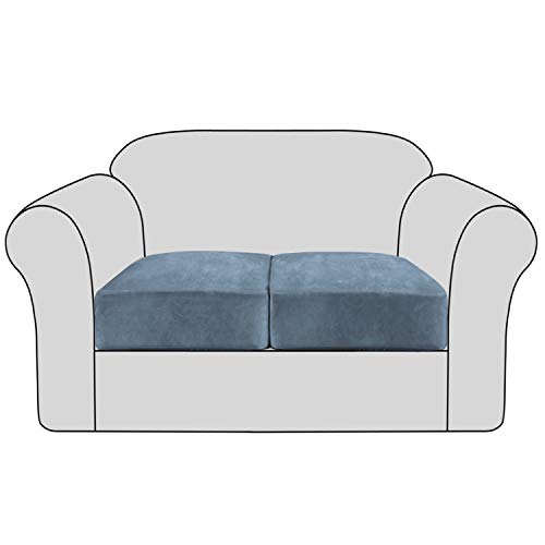 H.VERSAILTEX Velvet Stretch Couch Cushion Cover Plush Cushion Slipcover for Chair Loveseat Sofa Cushion Furniture Protector Seat Cushion Sofa Cover with Elastic Bottom Washable (2 Packs, Stone Blue)