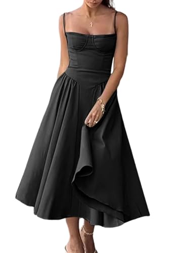 SHINFY Womens Summer Corset Midi Dress Spaghetti Strap Bustier A-Line Flowy Sundress Formal Cocktail Vacation Dress