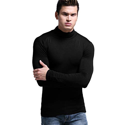 Ouruikia Camisas Termica Hombre Ligero Modal Capa Base Cuello Alto Manga Larga Tops Thermal Invierno, Negro, M