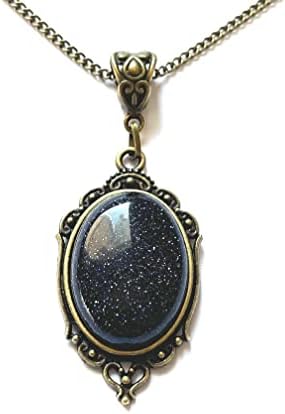 I.Love.Vintage Jewelry (London) Blue Goldstone Necklace Sparkling Gemstone Pendant Bronze Filigree Wrapped and Gift Boxed