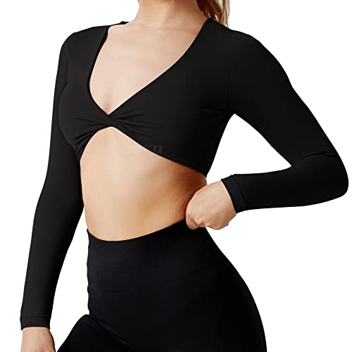 Yeoreo Kyla Women Crop Top Long Sleeve Padded Sports Low Medium Impact Yoga Shirt Workout Black S #TOP19
