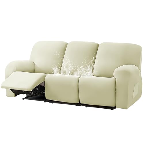 CLGTY 8 分割タイプ リクライニングソファーカバー 3人掛け, 撥水 スパンデックス 電動 リクライニングチェア ソファーカバー 付 サイドポケット 弾力 ソファーカバー 洗える 用 リビングルーム-ベージュ-3人掛け