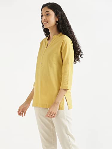 Image of SAADAA Women Short Kurti Airy Linen Regular Fit Kurta with 3 /4th Sleeves, Mandarin Collar, Side Slit Perfect for Casual, Formal, and Ethnic Wear