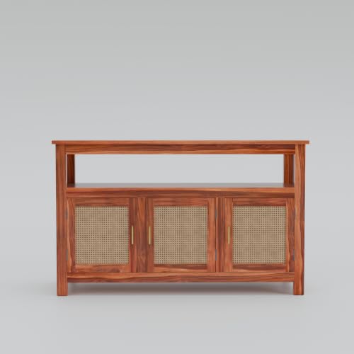 Image of Solid Sheesham Wood Sideboard for Living Room with Cane Doors | 3-Door Storage Unit with Open Shelf | Buffet Cabinet for Dining Room, Entryway & Hallway | Honey Finish | 140 x 40 x 82 cm