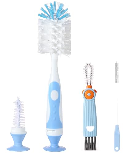 Image of Ariseno 4-in-1 Baby Bottle Brush Set, Bottle Brush for Baby, Bottle Cleaner Brush Set, Including Nylon Bottle Brush, Bottle Cap Brush, Straw Brush, Nipple Brush, BPA-Free (Blue)
