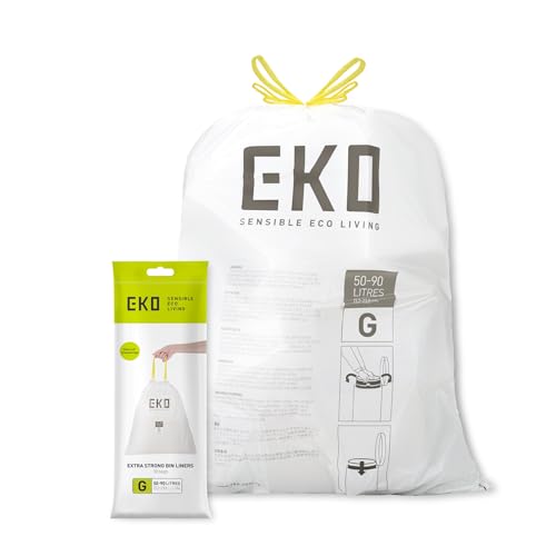 EKO 50-90 Litre Drawstring Bin Bags Heavy Duty Kitchen Bin Liners for Large Recycling Bins Leakproof and Tear-Resistant for Waste & Recycling Unscented Food Waste Bags 10 Count Code G White