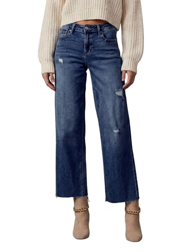 Dokotoo Capri Wide Leg Baggy Jeans for Women Trendy Barrel Pants for Girls High Waisted Straight Pants Petite 2025 Outfits Boyfriend Jeans Fashion Clothes Casual Work Summer Denim Blue