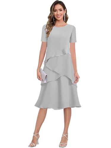 Women's Chiffon Tea Length Mother of The Bride Dresses for Wedding Scoop Neck Evening Formal Dress with Sleeves