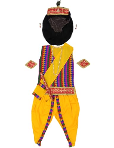 Image of BookMyCostume Shri Krishna Multicolor Kids Fancy Dress Costume 9 Pcs Set with Red Accessories & Wig - Premium 5-6 years