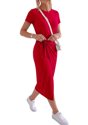 Image of NOLLSOM Women Casual Sleeveless Striped Tank Midi Dresses Halter Neck Ruched Bodycon Dresses Tie Waist T Shirt Summer Dress