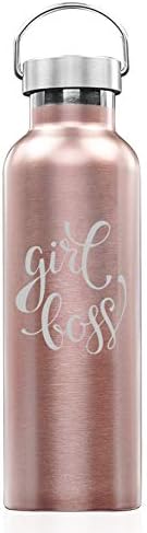 Rose Gold Double Wall Vacuum Insulated Stainless Steel Tumbler Travel Mug Girl Boss (25 oz Water Bottle)