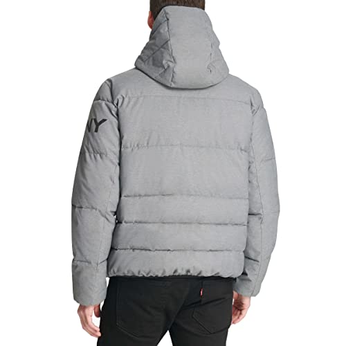 DKNY Men's Water Resistant Ultra Loft Hooded Logo Puffer Jacket (Standard and Big & Tall), New Heather Grey, Small3