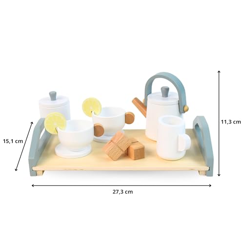 Mamabrum Holz Teeset für Kinder, 17-teiliges Teeservice mit Tablett - Spielzeug Set mit Teekanne, Tassen, Zuckerdose & Milchkännchen - Rollenspiel ab 3 Jahre