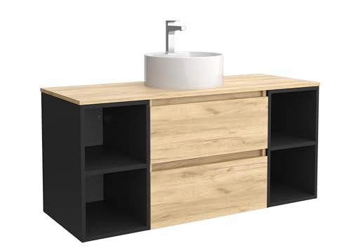 Salgar Mueble de Baño Bequia Plus 120 cm 2 cajones Roble y 2 coquetas Laterales 2 Huecos Negro Mate con Lavabo sobre encimera