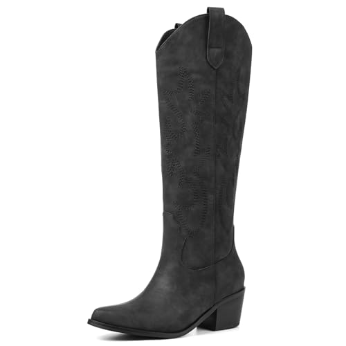 VIMISAOI Western Cowboy Boots for Women Knee High Wide Calf Black Cowgirl Boots Comfortable Pull-On Pointed Toe Chunky Heel Embroidered Retro Tall Boot for Ladies Party Concert