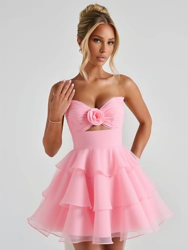 Short Prom Dresses 2025 for Teens Tiered Chiffon Homecoming Dress with Flower LW2253