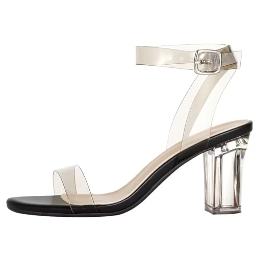 Image of ZriEy Women's Clear Heels Chunky Block Mid High Heeled Sandals