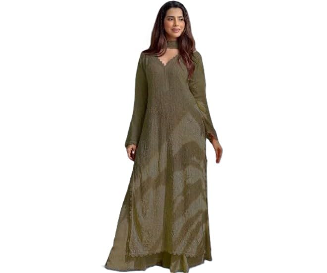 Image of Women's Chikankari Embroidered 3 Piece Suit Set in Faux Georgette - Long Gown Style Kurta with Lining with Dupatta