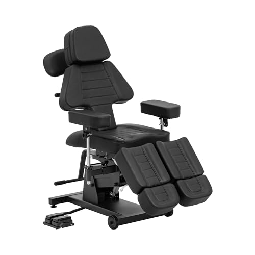 physa Camilla para tatuar hasta 300 kg regulable en altura de 60 a 75 cm, pedal, tapicería negra, almohada para rostro, reposabrazos, reposapiés y respaldo ajustables Cama de tatuaje Sillón tattoo