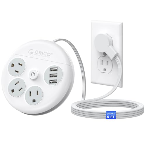Image of ORICO Travel Power Strip, 4Ft Flat Extension Cord with 3 AC Outlets and 3 USB-A Charging Ports, 45 Flat Plug, Non-Surge Protector Essential for Cruise /Home /Office, White-OR