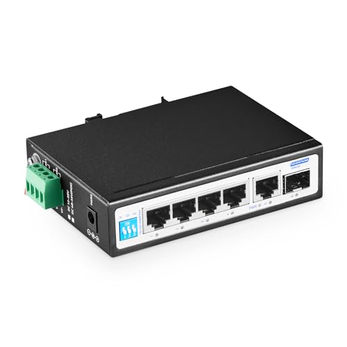 YuLinca 6 Port Gigabit Industrial DIN Rail Switch, 4 x 100/1000Mbps Ports, 1 Gigabit Uplink and 1 Gigabit SFP, Metal DIN Rail & Wall Mount Ethernet Switch