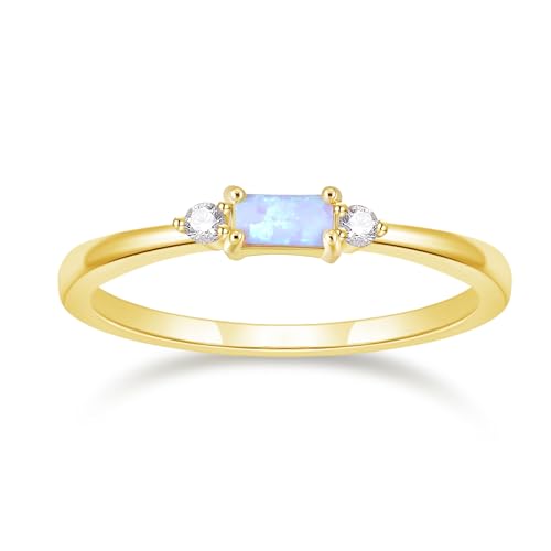 SHINYSO 14K Gold Plated Wedding Bands for Women Baguette Opal Ring Cubic Zirconia CZ Pave Thin Stackable Anniversary Rings for Her Size 4-10