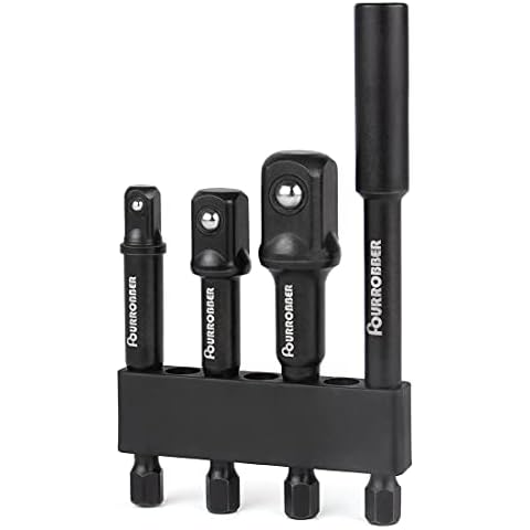 Fourrobber Impact Driver Socket Adapter Set with Magnetic Extension Bit Holder for 1/4 inch Hex Shank to Square Socket Turn Power Drill Into Nut Driver 4 Pieces Cover