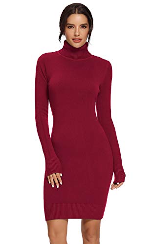 AVACOO Damen Kleider Strick Pulloverkleid Elegant Strickkleid Rollkragen Langarm Midikleid 2025 Weinrot M 38