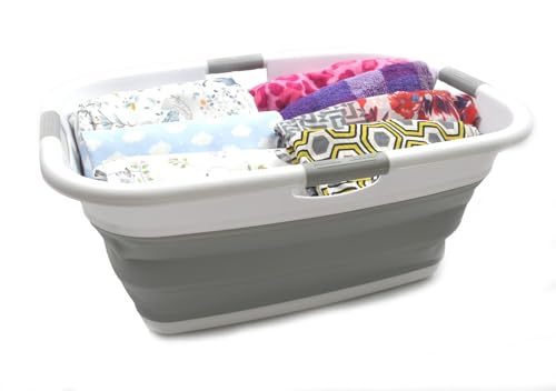SAMMART 49L Collapsible 4 Handled Laundry Basket-Foldable Storage Container-Portable Washing Bin-Space Saving-Pet Bath Tub,Water capacity 37L (1, Grey), Size: 25.4 x 18.7 x 10.25 inches
