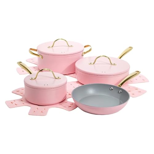 MOBYGKFY Juego de ollas con Revestimiento Antiadherente Multicapa for cocinar, Juego de ollas y sartenes antiadherentes icónicos, Accesorios de Cocina, 10 Piezas, Color Rosa
