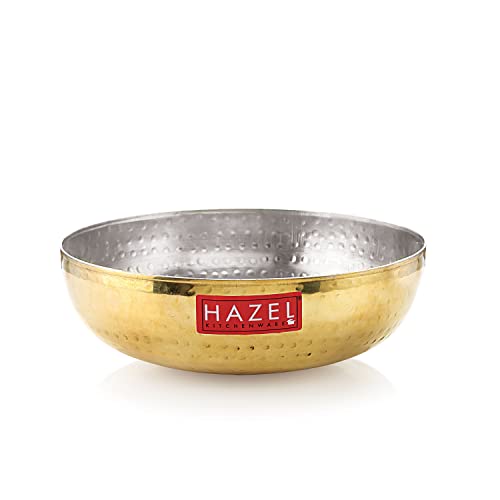 Image of HAZEL Brass Kadai Tasra with Kalai | 100% Pure Brass Kadhai with Tin Coating | Brass Kadai Without Handle for Cooking and Serving | Brass Utensils for Kitchen, 2650 ML, 24 cm