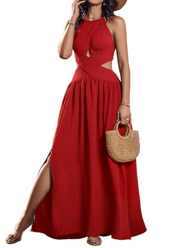 Image of CHICME Women's Sleeveless Halter Neck Dress Criss Cross Tie Back Split High Maxi Dress