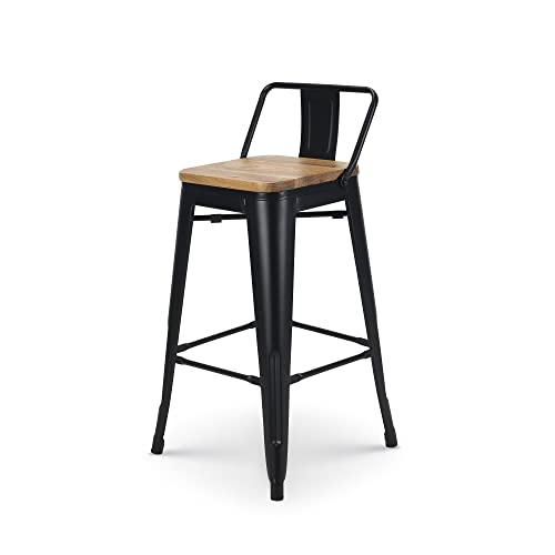 Kosmi - Tabouret de Bar en métal Noir Mat Style Industriel avec Dossier et Assise en Bois Clair - Hauteur 66cm