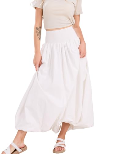 ebossy Women's Smocked High Waist Pleated Solid Color A-Line Flowy Bud Lantern Long Skirt