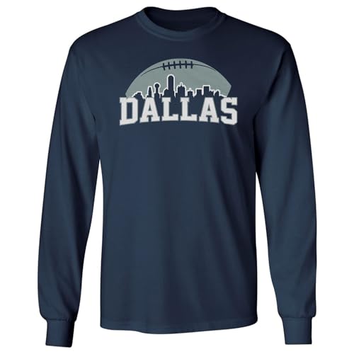 Omufisa Dallas Skyline Graphic - Sports Fan Tribute Long Sleeve T-Shirt (Navy, X-Large)