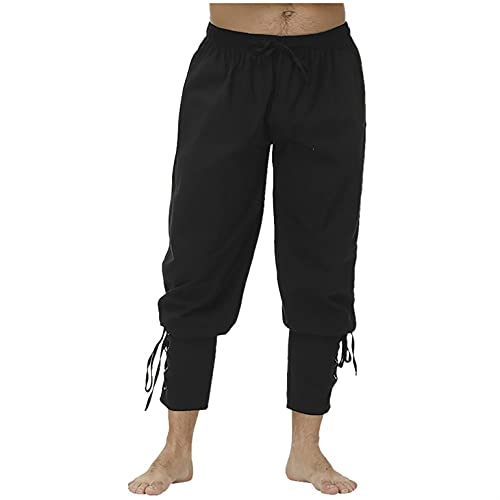 Realdo Mens Drawstring Waist Linen Ankle Banded Pants Renaissance Gothic Pants Medieval Viking Navigator Pirate Trousers, Black, X-Large