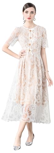 LAI MENG FIVE CATS Women's Puff Sleeve Crewneck Lace Mesh Embroidery Single-Breasted Buttons Midi Dress