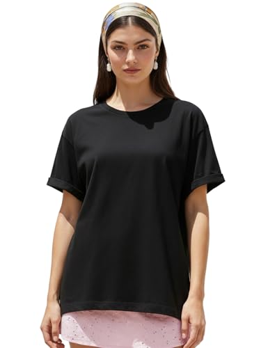 Image of Bewakoof Women's Solid Boyfriend Fit Half Sleeve Round Neck Cotton Jersey T-Shirt